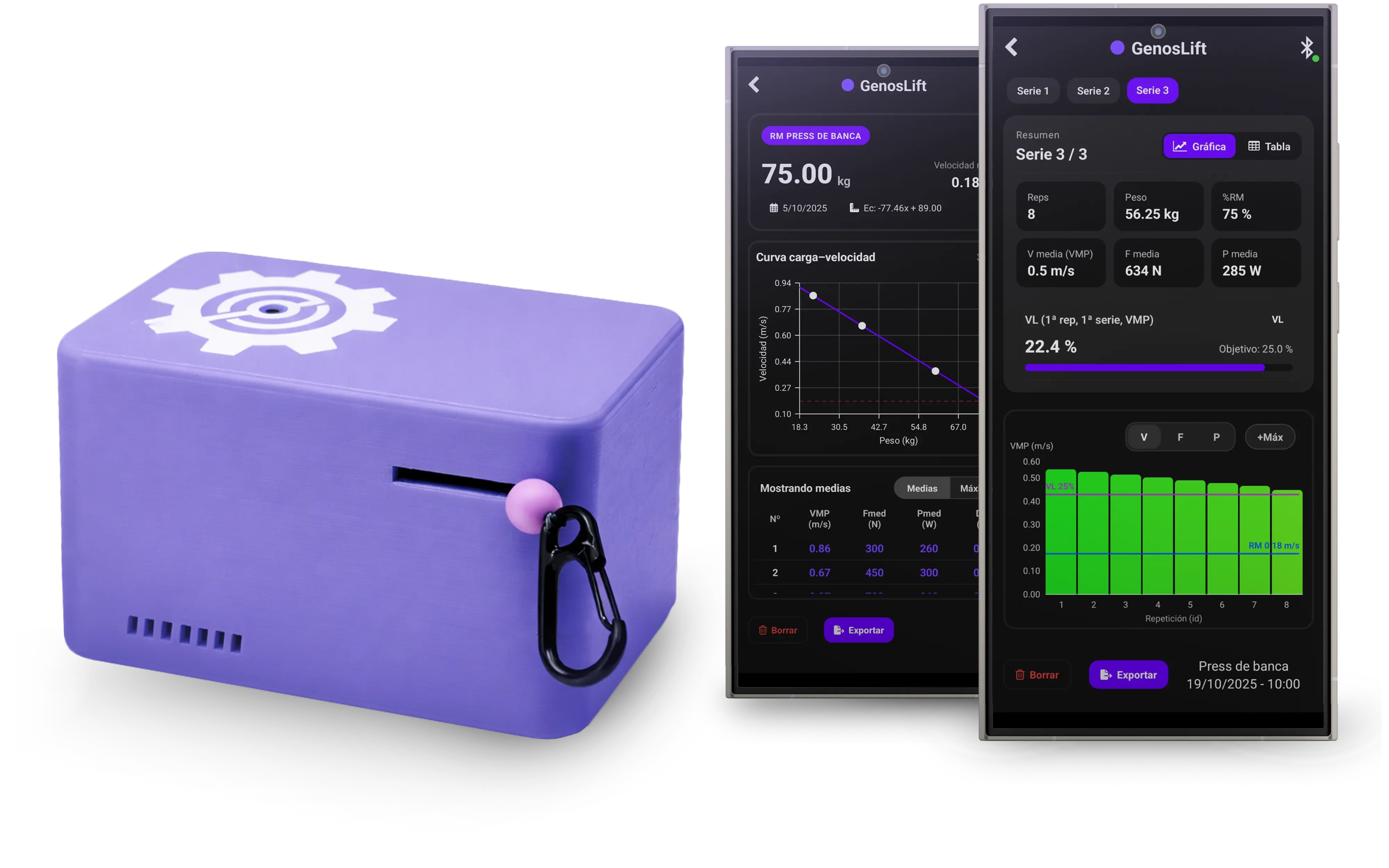 Encoder deportivo GenosLift junto a la aplicación móvil
